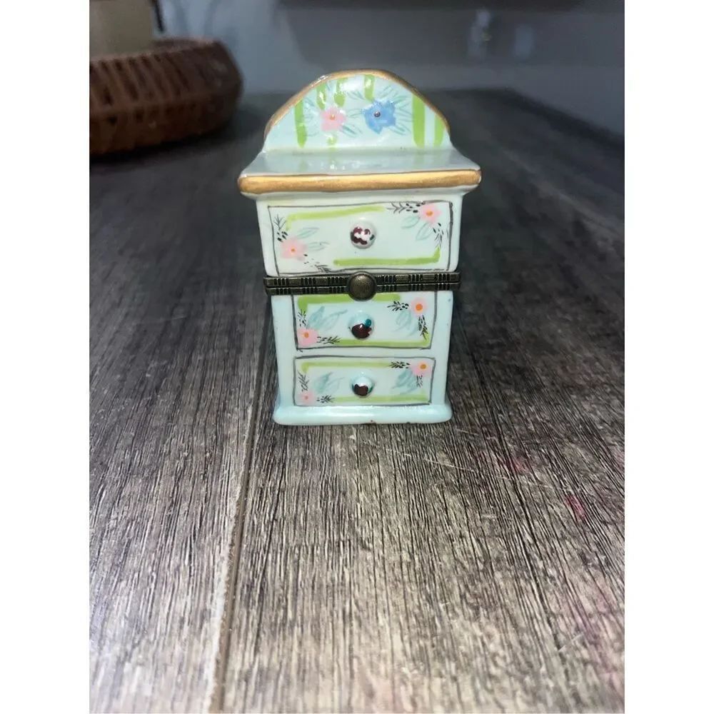 Dresser Shaped Figural Hinged Trinket Box Stripe Floral Porcelain